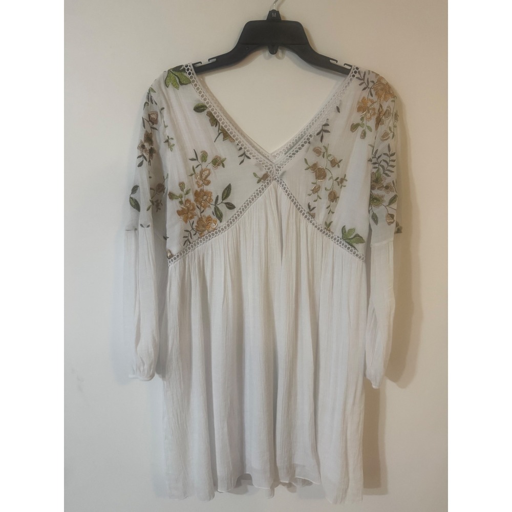 J GEE White Floral Embroidered Boho V-Neck Mini Dress XL Lace Trim Long Sleeve